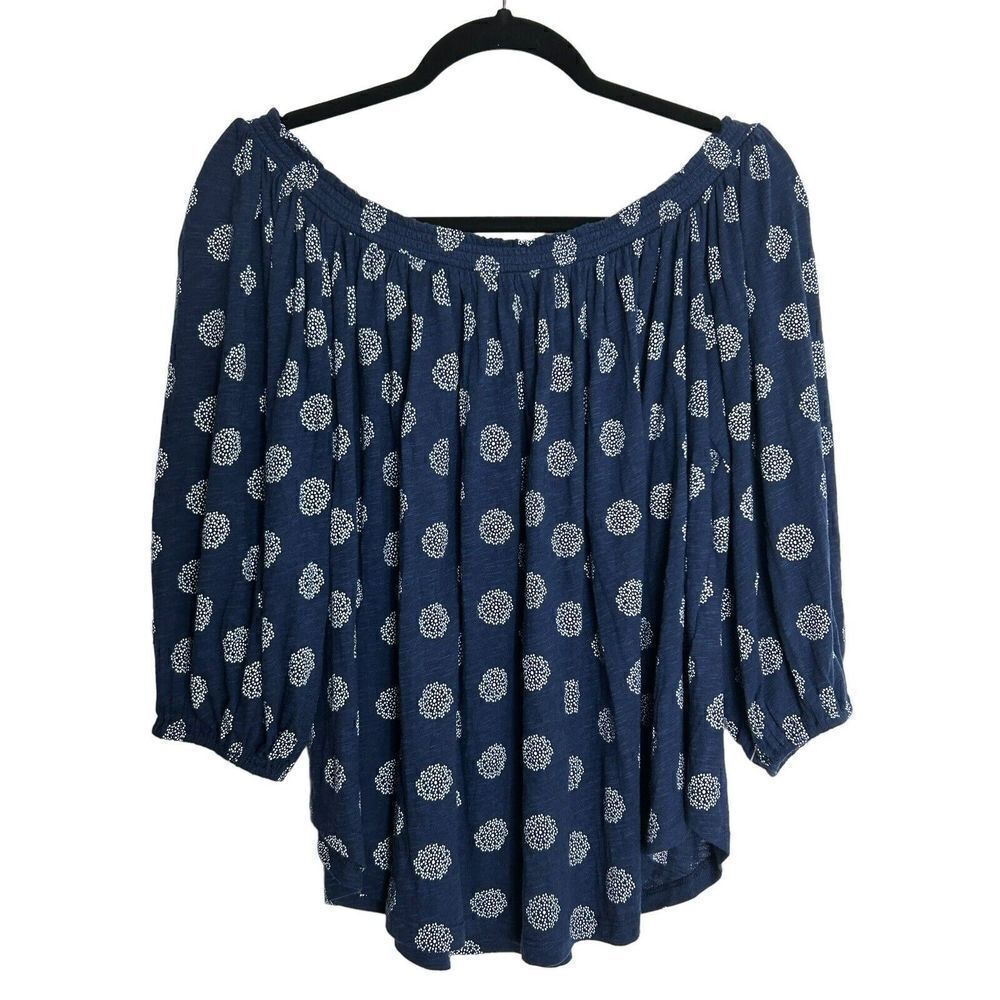 Lucky Brand Navy Blue Off-Shoulder Polka Medallion Tunic